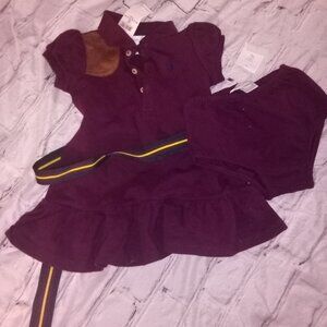 Ralph Lauren dress with suede shoulder patch, striped belt and diaper cover